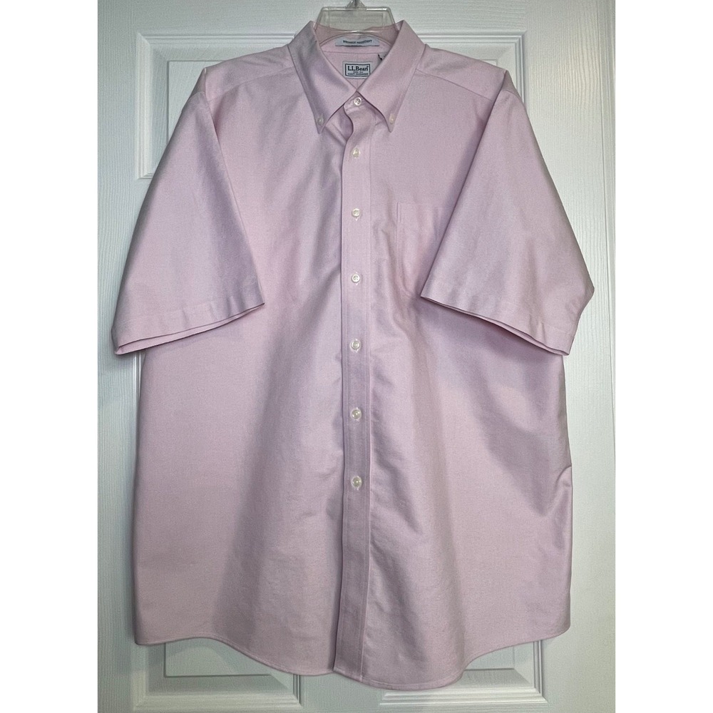 L.L.Bean Men Short Sleeve Oxford Shirt Pink Wrinkle Resistant 17-REG Button Down